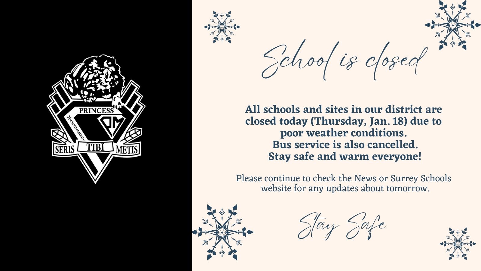 School Closed Thursday January 18